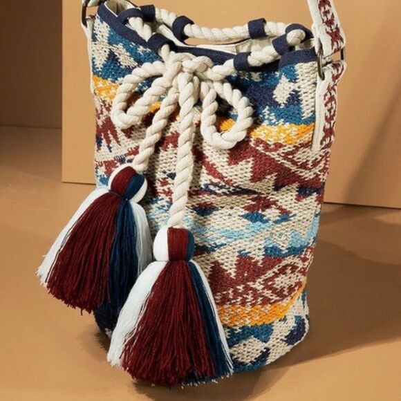 Bohemian Bucket Shoulder Bag Najavo Pattern Handwoven Cotton NWT - Picture 2 of 8